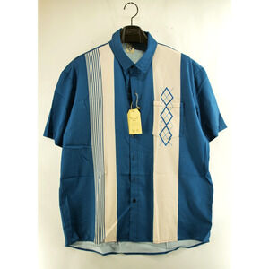 Hardaddy Shirt Mens XL Blue Beige Button Down Hawaiian Striped Bowling